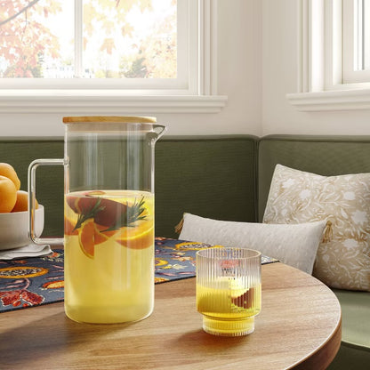 THRIFTY 70 - 84.5 fl oz Glass Beverage Pitcher - MISSING Wood Lid (see pictures )- Threshold™: Dishwasher-Safe, Cadmium-Free, Cold Drink Server Open Box - USED (See Pictures)- FINAL SALE- NO RETURNS - AS IS