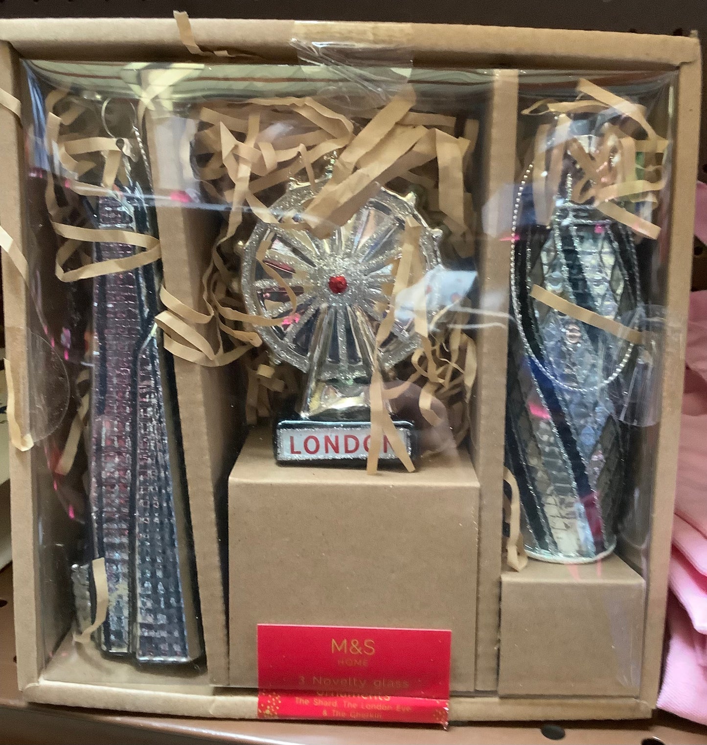 Home London-themed Christmas tree ornaments.