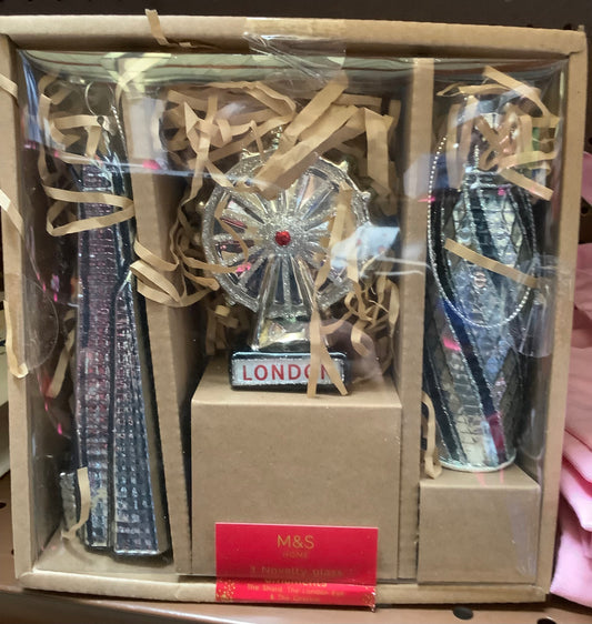 Home London-themed Christmas tree ornaments.