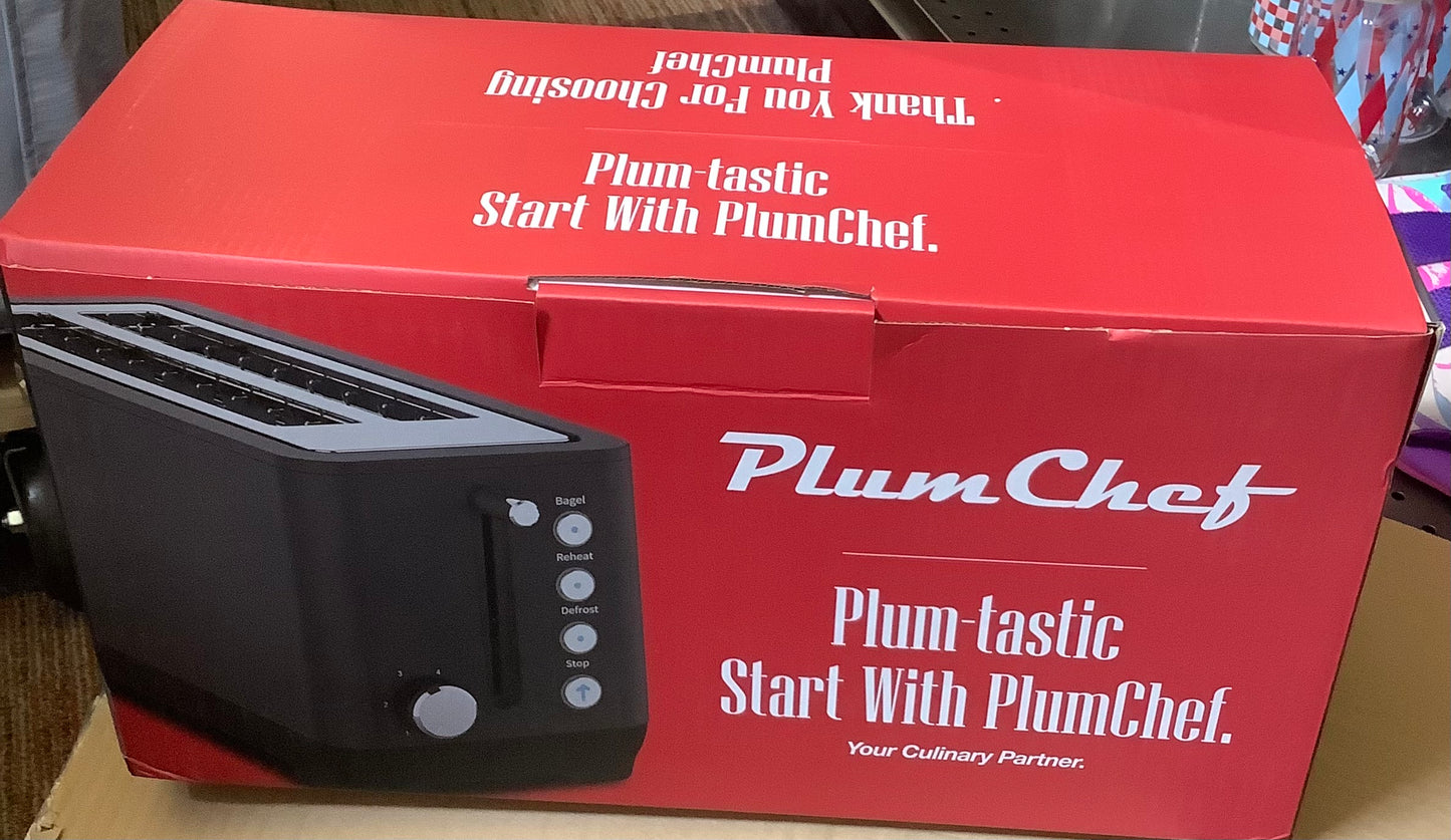 Plum Chef 4 Slice Toaster, Long Extra-Wide Slots for Bagels & Waffles, 6 Browning Levels, Bagel/Stop/Defrost/Reheat Functions & Removable Tray, Kitchen Gadgets, Stainless Steel, Black
