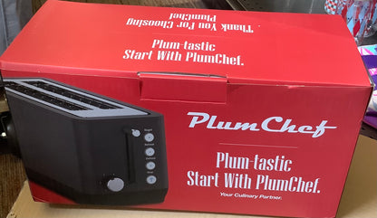 Plum Chef 4 Slice Toaster, Long Extra-Wide Slots for Bagels & Waffles, 6 Browning Levels, Bagel/Stop/Defrost/Reheat Functions & Removable Tray, Kitchen Gadgets, Stainless Steel, Black