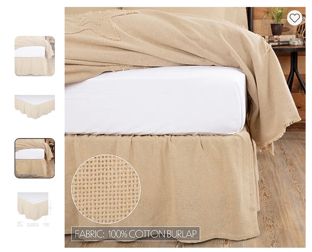 VHC Brands Veranda Burlap Natural Bed Skirt - Burlap Tan Fringed - Queen (60x80” + 16” drop)