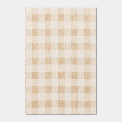 3.9'x5.4' Gingham Check Rectangular Woven Outdoor Area Rugs - Tan - Out of Package - May Have Minor Cosmetic Flaws (see pictures) - FOR PICKUP ONLY