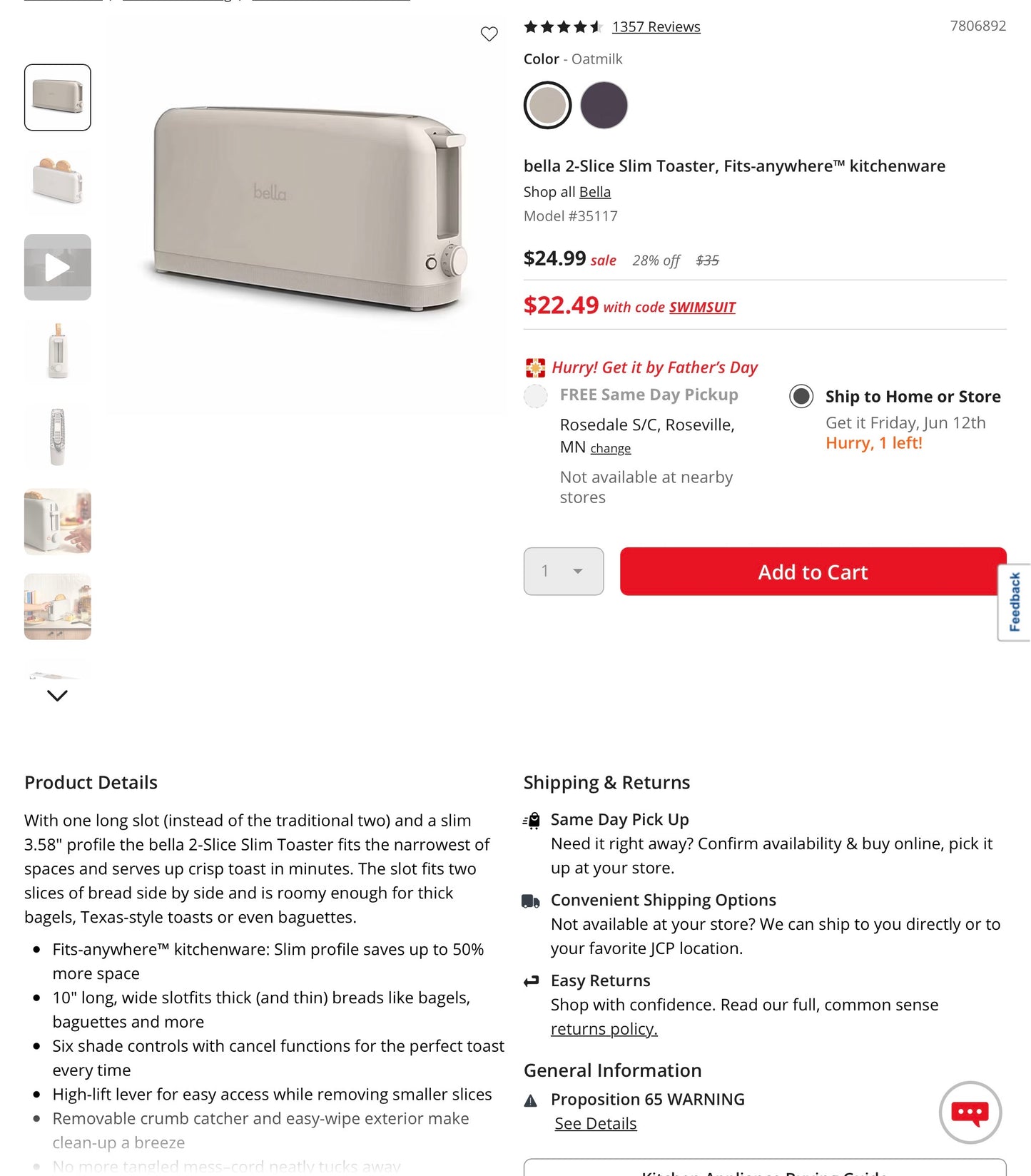 bella 2-Slice Slim Toaster, Fits-anywhere™ kitchenware - Open Box - Damaged Box (see pictures)