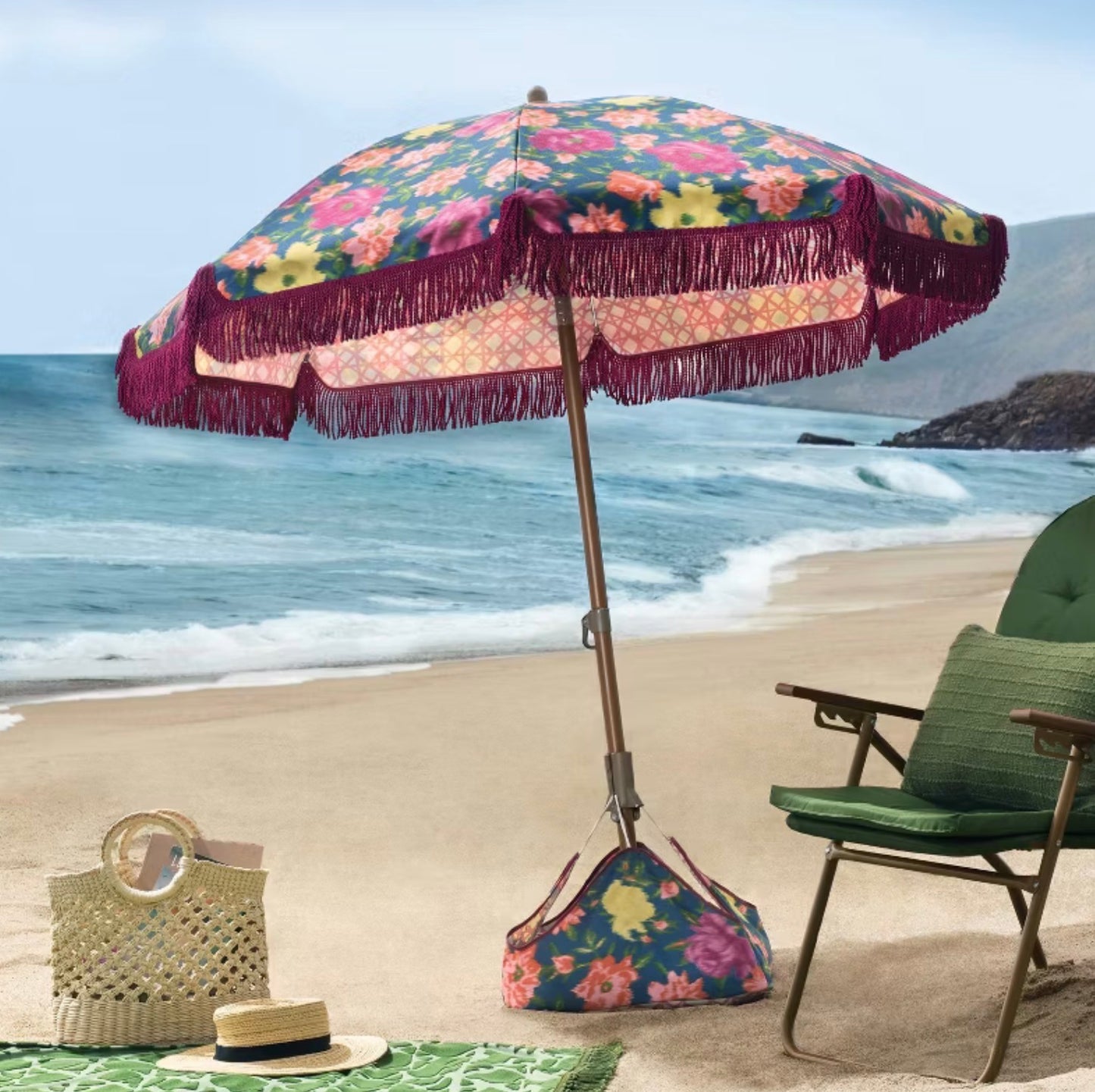 6' Round Floral Beach Umbrella with Fringe - Burgundy FOR PICKUP ONLY