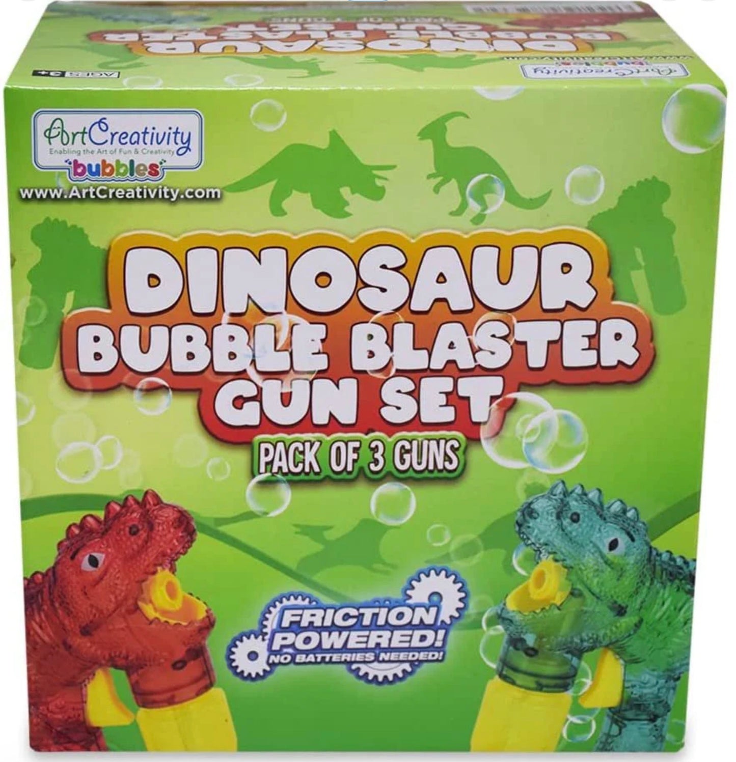 Bubbland Dinosaur Friction Powered LED Bubble Blasters - Pack of 3 - No Batteries Needed