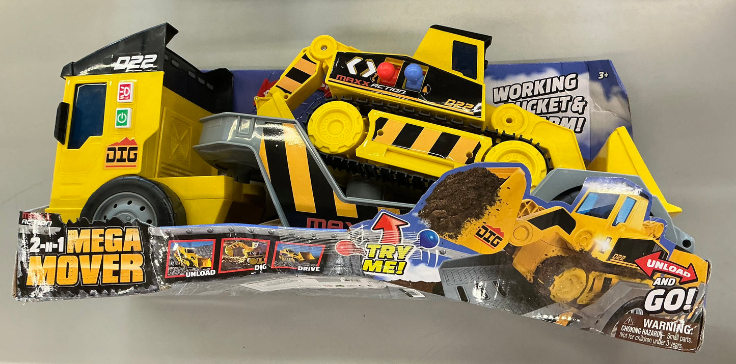 Maxx Action 2-N-1 Mega Mover - Construction Truck and Trailer with Lights, Sounds and Motorized Drive: Toy Vehicle, Plastic, Battery-Powered - Damaged Box