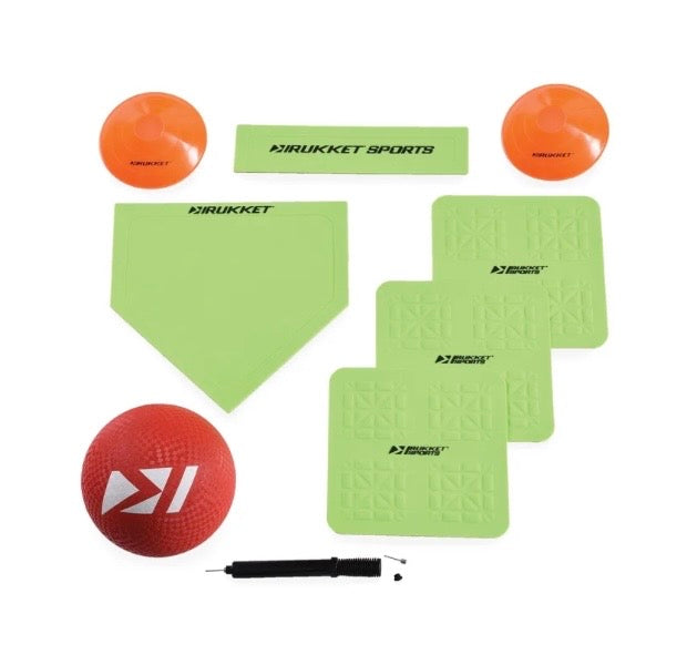 Rukket Sports - Portable Travel Backyard Kickball Set, Includes Pump, Ball, 4 piece Base Set, 2 Foul Line Cones
