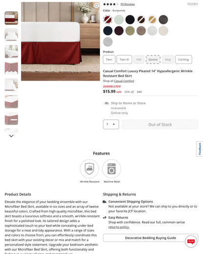 Casual Comfort Luxury Pleated 14" Hypoallergenic Wrinkle Resistant Bed Skirt - Queen