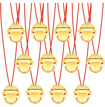 Christmas Jingle Bell Necklaces, Set of 12, Jingle Gold Bell on Red String