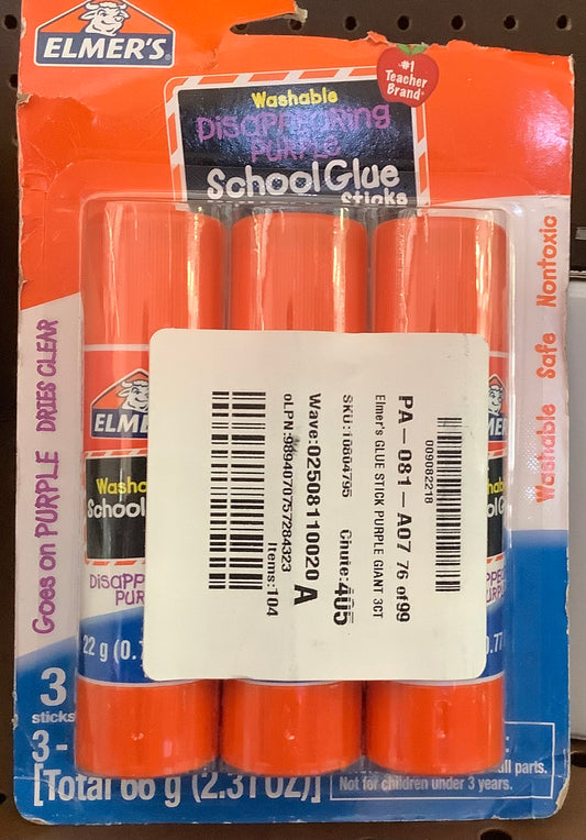 Elmer's 3pk Washable School Glue Sticks - Disappearing Purple: Large, Jumbo, White, Art, Stationery, Office Supplies