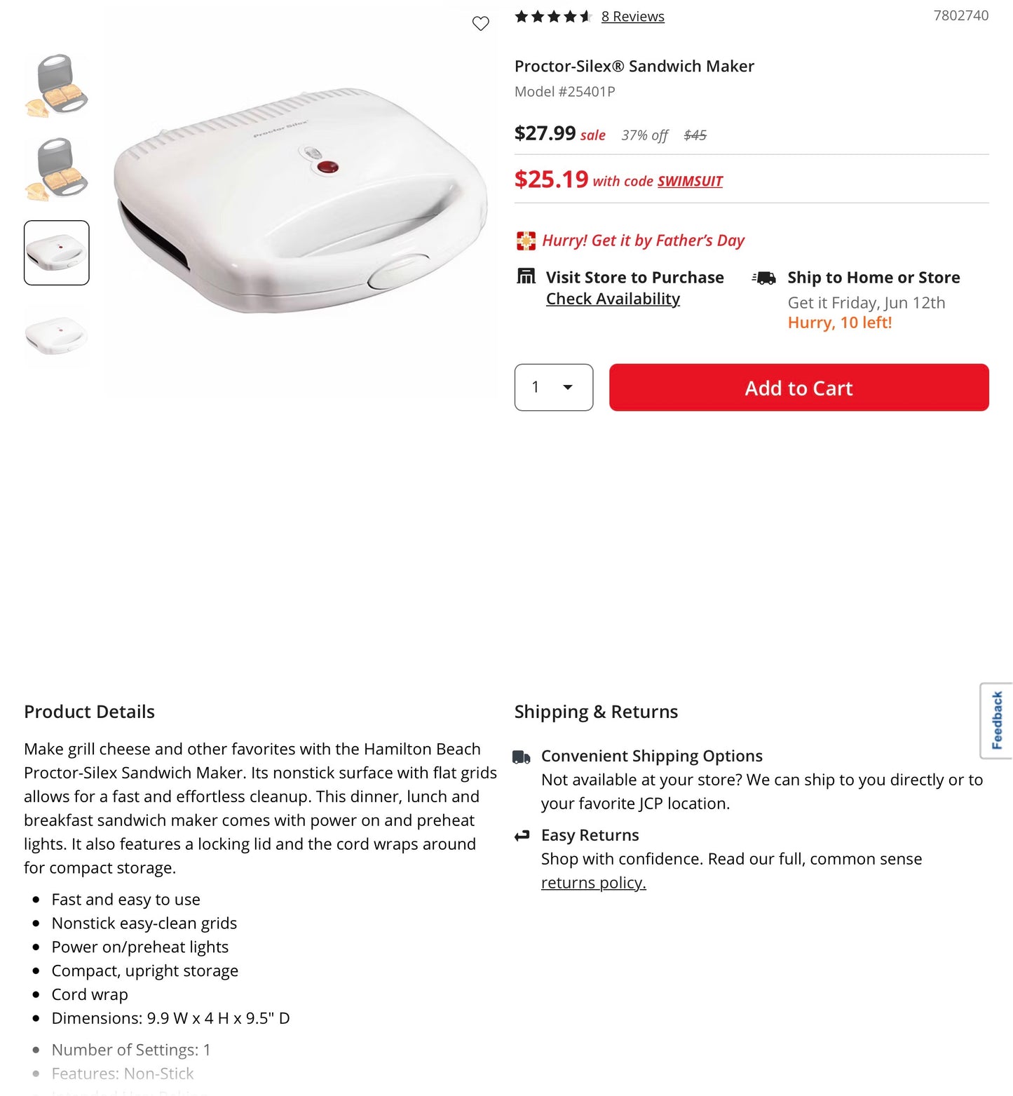 THRIFTY 70 - Proctor Silex Sandwich Maker in White -  Open Box - USED (See Pictures)- FINAL SALE- NO RETURNS - AS IS