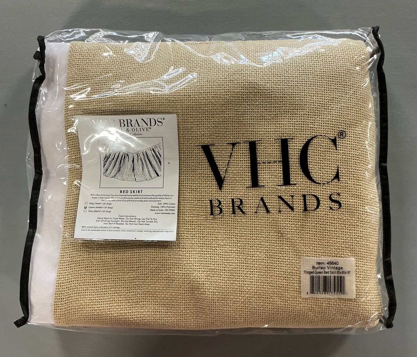 VHC Brands Veranda Burlap Natural Bed Skirt - Burlap Tan Fringed - Queen (60x80” + 16” drop)