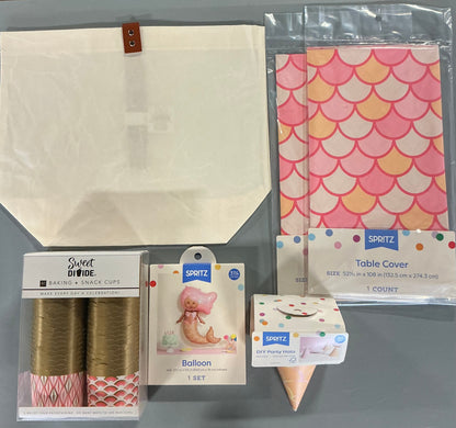 Mermaid Party Bundle - Coral Pink - (includes 2 Table Covers-25.16” X 108”, 1 Mermaid Balloon-27.5”x31.13”, 1 set of 10 party hats with 10 tails, 1 box of 50 baking & snack cups, 1 tote)