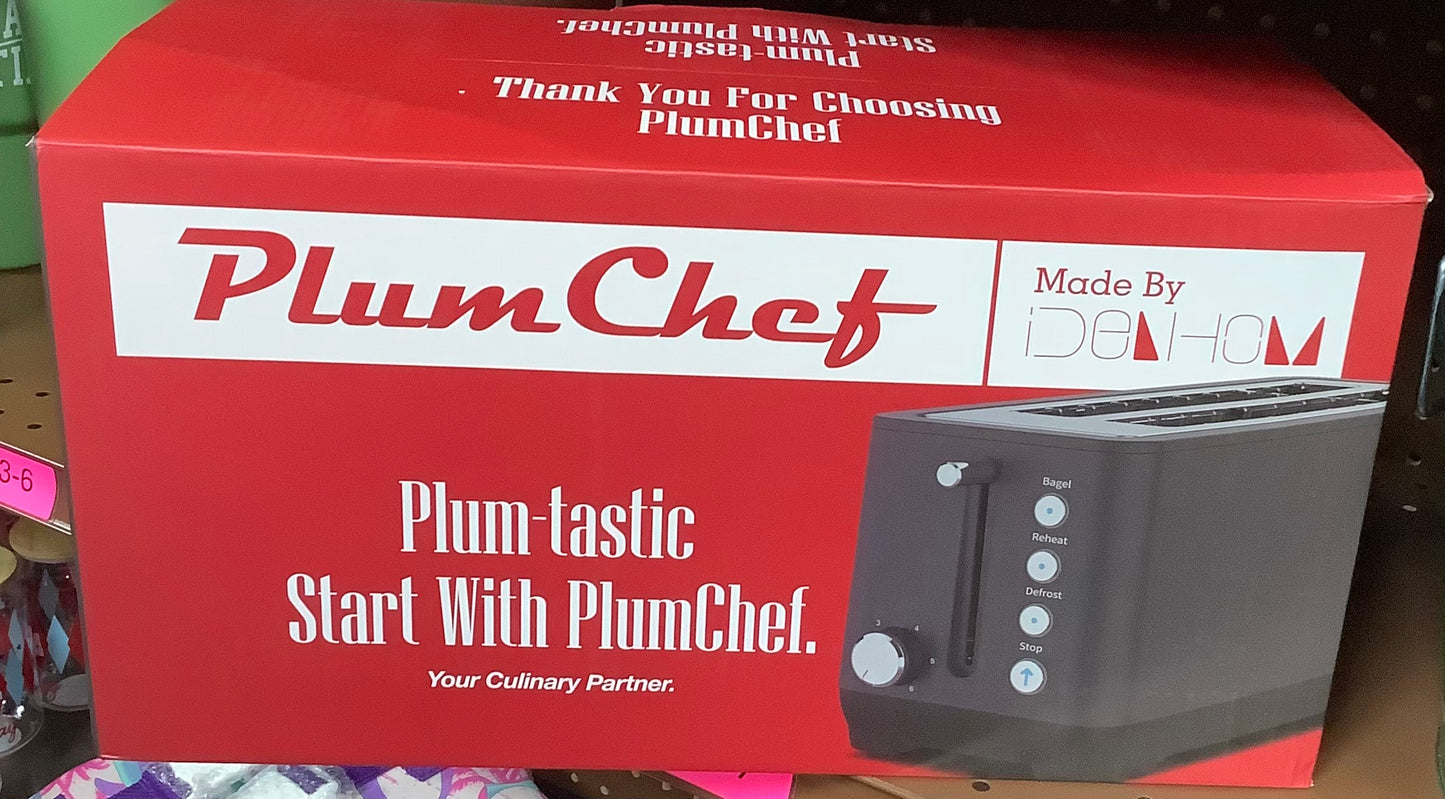 Plum Chef 4 Slice Toaster, Long Extra-Wide Slots for Bagels & Waffles, 6 Browning Levels, Bagel/Stop/Defrost/Reheat Functions & Removable Tray, Kitchen Gadgets, Stainless Steel, Black