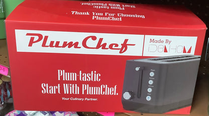 Plum Chef 4 Slice Toaster, Long Extra-Wide Slots for Bagels & Waffles, 6 Browning Levels, Bagel/Stop/Defrost/Reheat Functions & Removable Tray, Kitchen Gadgets, Stainless Steel, Black