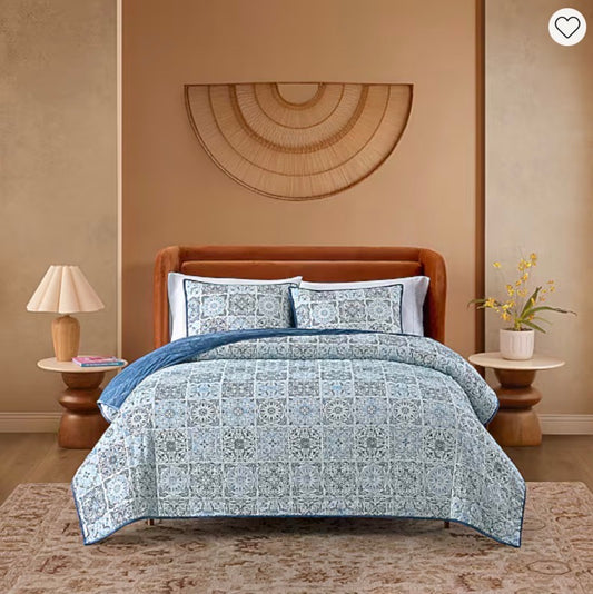 Jenny Martinez - Emma - 3-pc. Geometric Reversible Quilt Set - Blue Opal - FULL/QUEEN