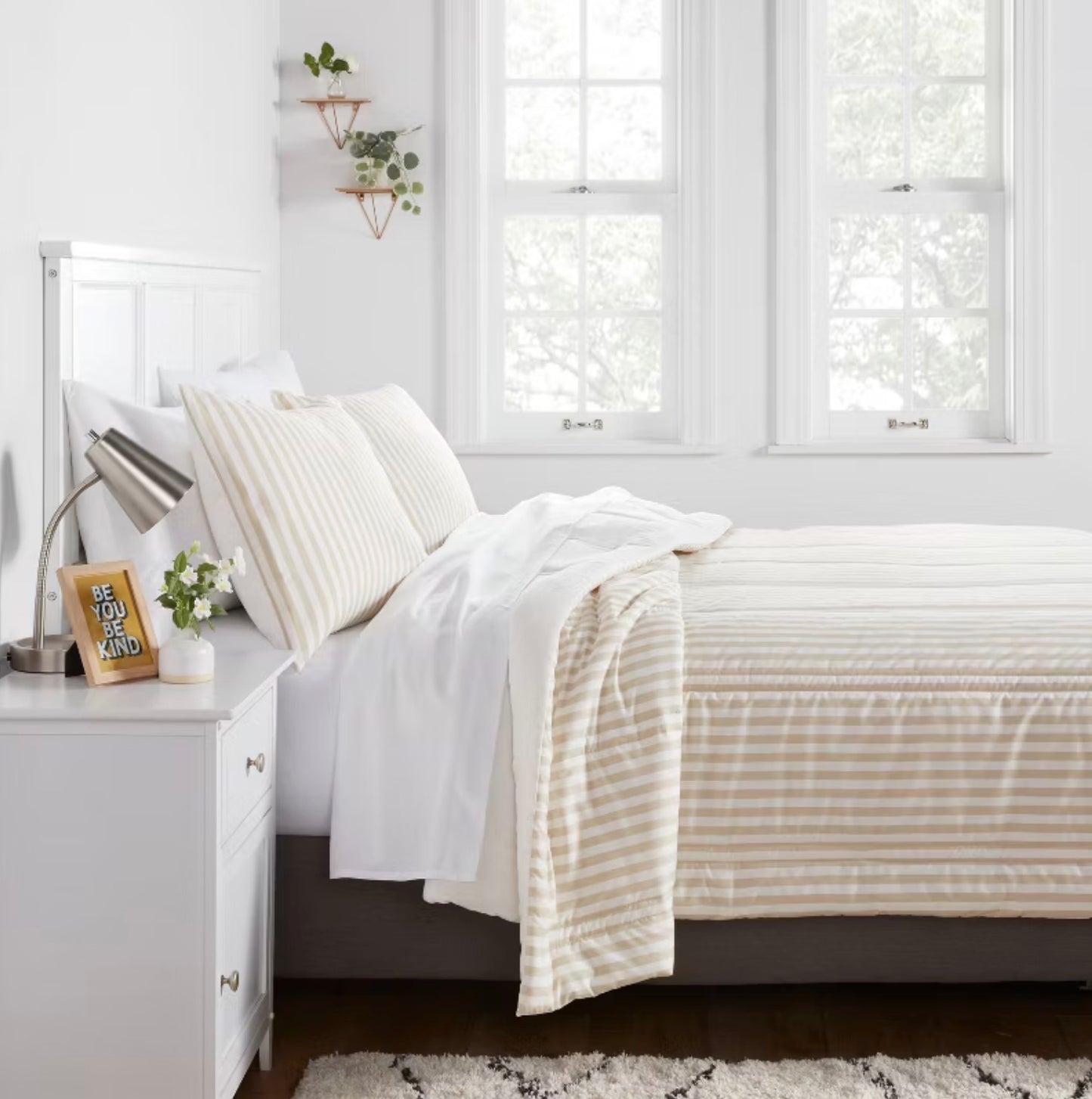 Twin/Twin Extra Long Lofty Microfiber Printed Comforter - Khaki/White Striped - Room Essentials™: Year-Round, Teen-Friendly, OEKO-TEX Certified - Some Dirt From Shipping