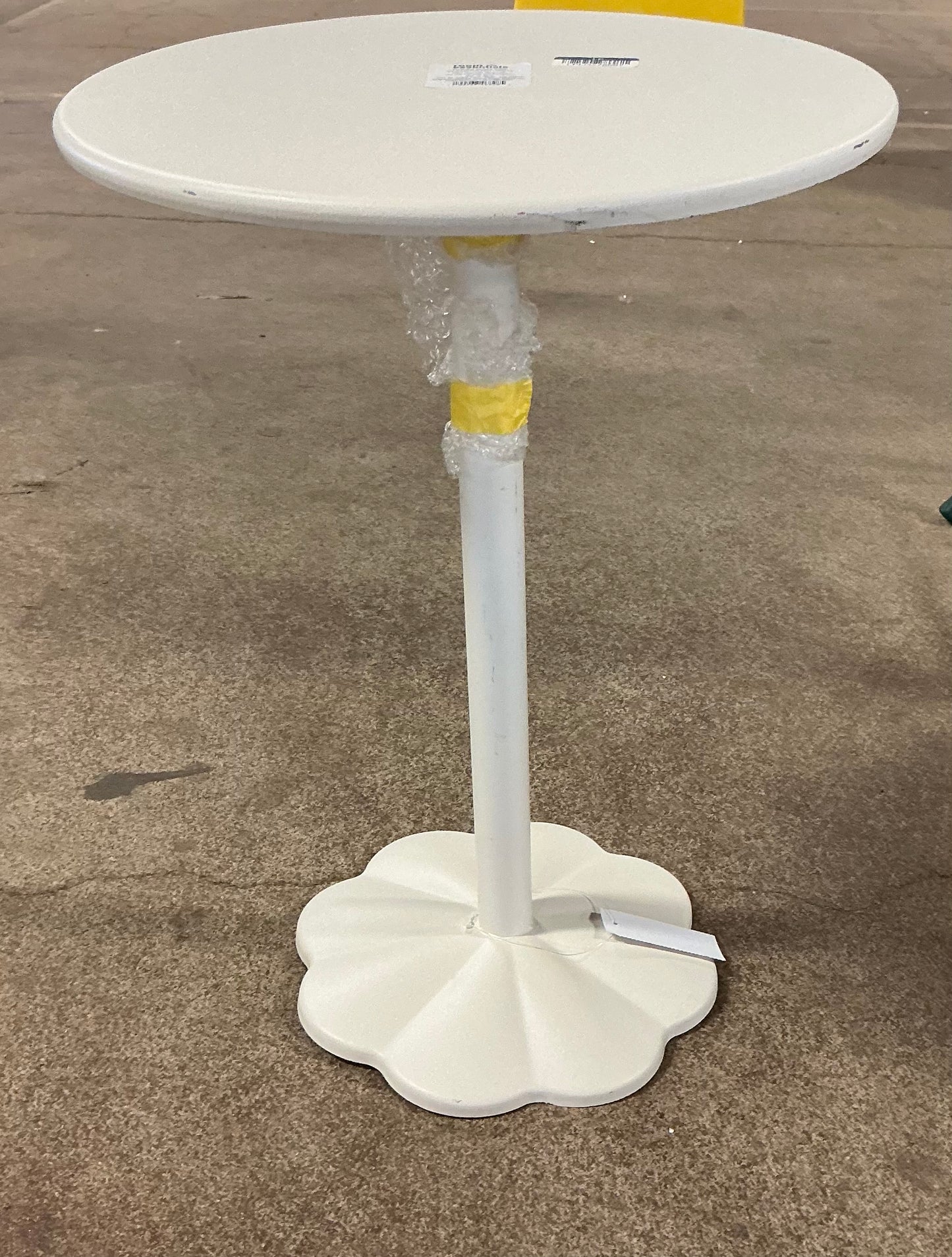 THRIFTY 70 - Steel Round Pedestal Accent Patio End Table - Cream - Open Box - BASE IS UNSTABLE/WOBBLY Not Recommended for Placing Beverages or Fragile Items On Top (See Pictures)- FINAL SALE- NO RETURNS - AS IS - FOR PICKUP ONLY