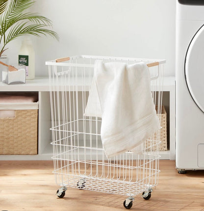 Wire Rolling Laundry Hamper -White Iron Clothes Hamper with Locking Wheels, Open-Top, No Assembly Required