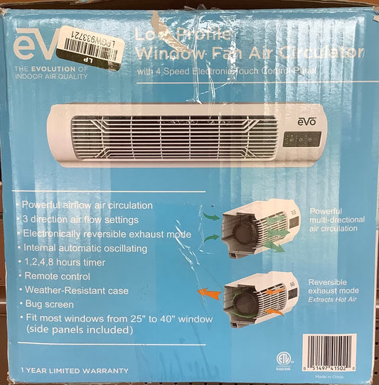 EVO Low Profile Oscillating Window Fan Air Circulator:
Portable, Quiet, 4 Speeds, Remote, ETL Listed, 200-500 sq. ft.