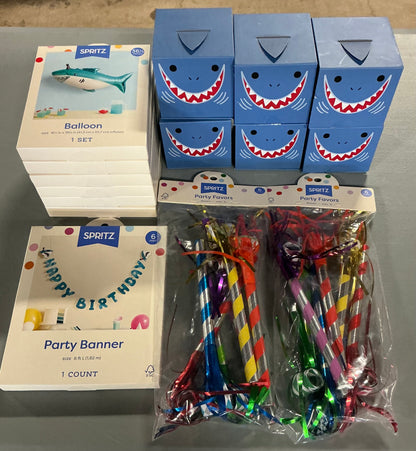 Shark Party Bundle (includes 6 Shark Balloons, 6 Shark Surprise Boxes, 2 packs of Party Favor Blowers (6 count each) and 1 “Happy Birthday” Banner)