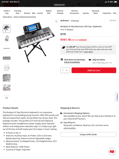 Rockjam 61 key Electric LED 4pc Keyboard - Open Box