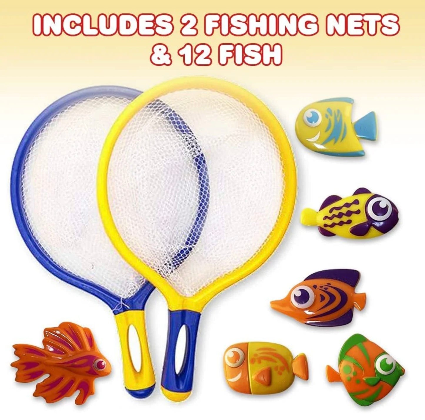 Fishing Net Catch Game, Set of 2, Each Set with 1 Fishing Net and 6 Colorful Fish Toys (Can be used as Pool Toys, Bathtub Toys & Summer Toys)