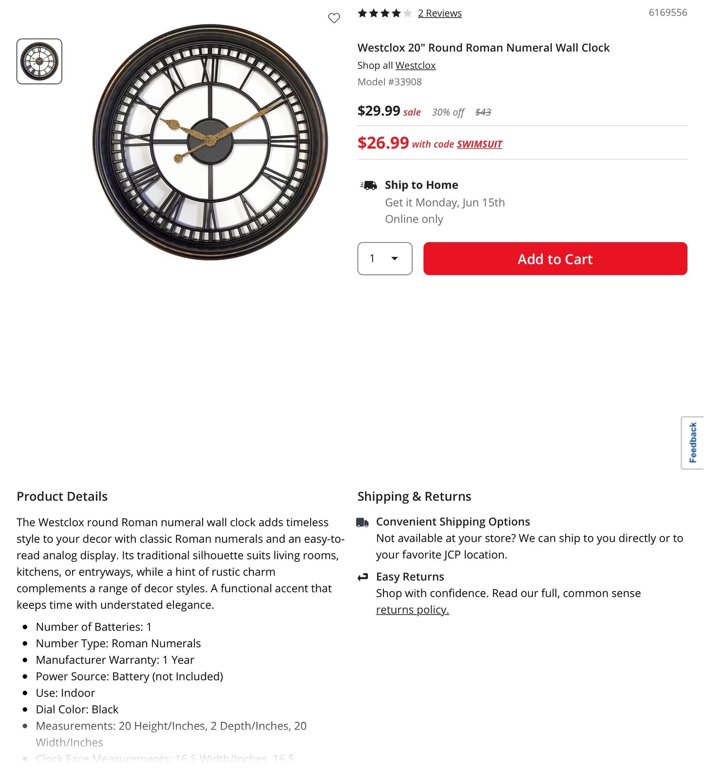 Westclox 20" Round Roman Numeral Wall Clock - Out of Box (see pictures) - Batteries not included