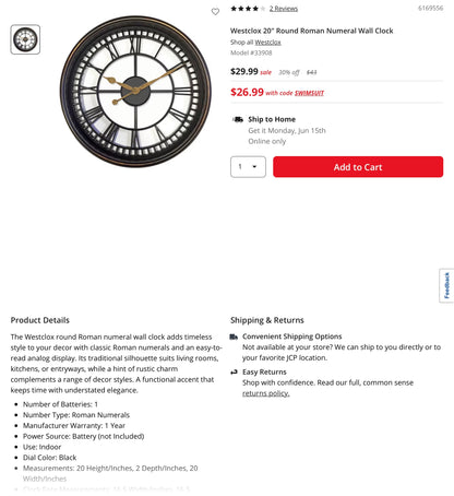 Westclox 20" Round Roman Numeral Wall Clock - Out of Box (see pictures) - Batteries not included