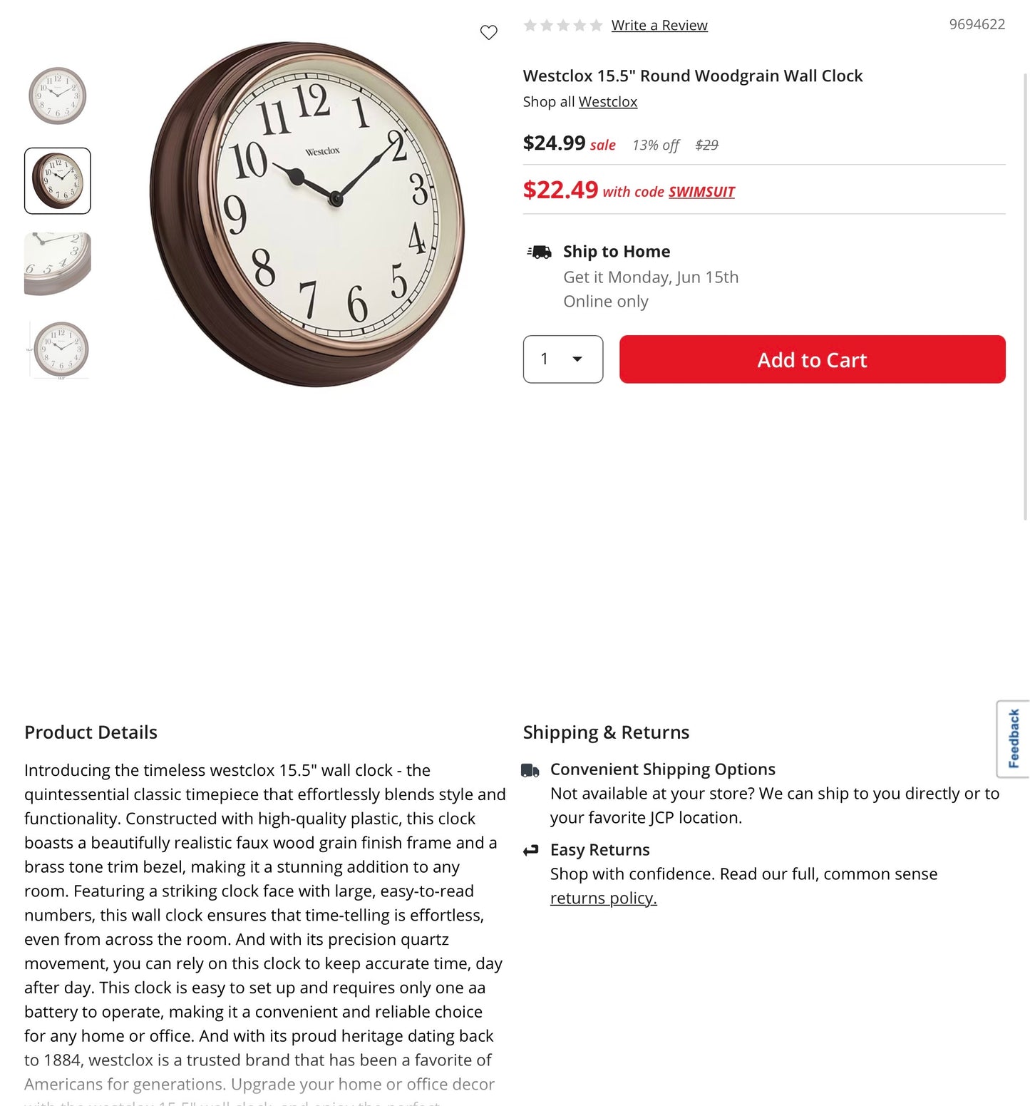 Westclox 15.5" Round Woodgrain Wall Clock, faux wood grain finish frame and a brass tone trim bezel