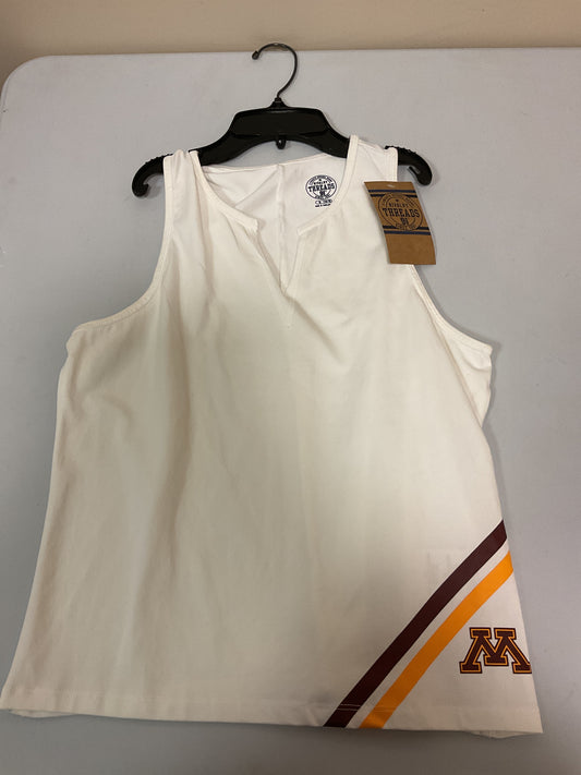 Adult White Cropped Tang Top with corner orange and maroon designs with “M” print