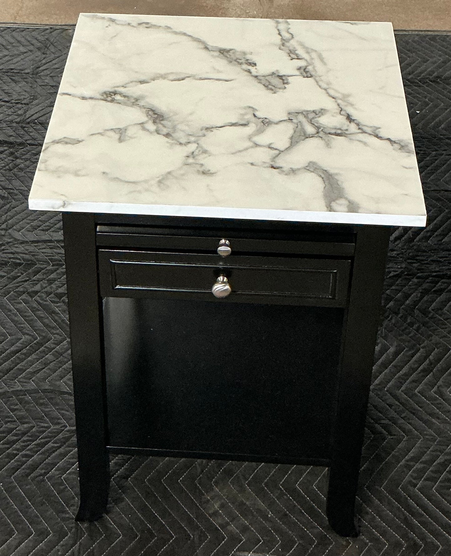 Carbin End Table with Storage - White Faux Marble/Black - May have minor imperfections/ Mino cosmetic damage