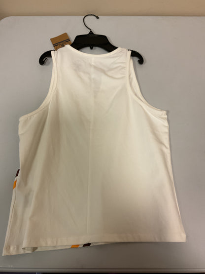 Adult White Cropped Tang Top with corner orange and maroon designs with “M” print