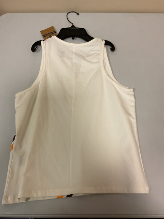 Adult White Cropped Tang Top with corner orange and maroon designs with “M” print