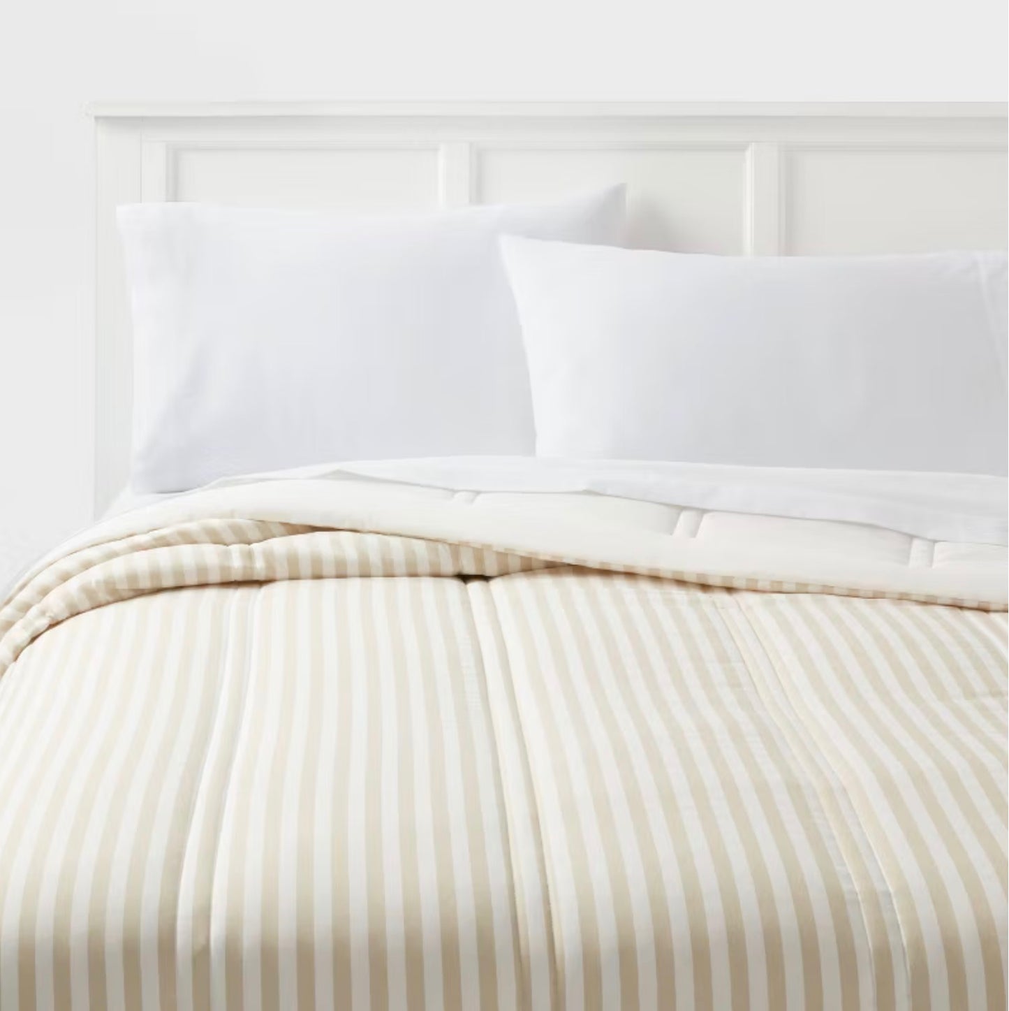 Twin/Twin Extra Long Lofty Microfiber Printed Comforter - Khaki/White Striped - Room Essentials™: Year-Round, Teen-Friendly, OEKO-TEX Certified - Some Dirt From Shipping