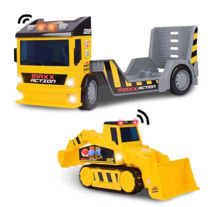 Maxx Action 2-N-1 Mega Mover - Construction Truck and Trailer with Lights, Sounds and Motorized Drive: Toy Vehicle, Plastic, Battery-Powered - Damaged Box