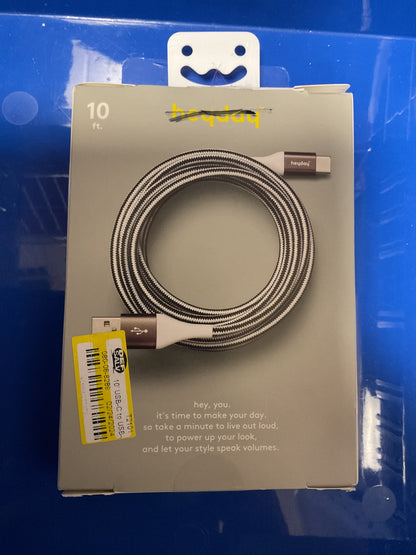 CLEARANCE- FINAL SALE- 10' USB-A to USB-C Braided Cable - Black/ White/Gunmetal