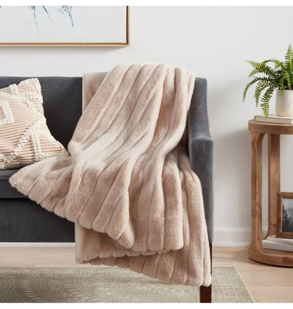 Textured Faux Fur Reversible Throw Blanket - Neutral - 50”X60”
