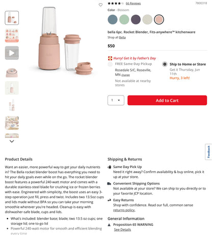 bella 6pc. Rocket Blender, Fits-anywhere™ kitchenware in Blossom - Open Box, Damaged Box (see pictures)