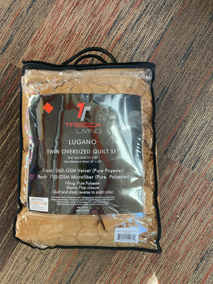 2pc Twin Lugano Honeycomb Velvet Oversized Solid Quilt Set Camel - Tribeca Living: Reversible, Polyester Fill, Machine Washable