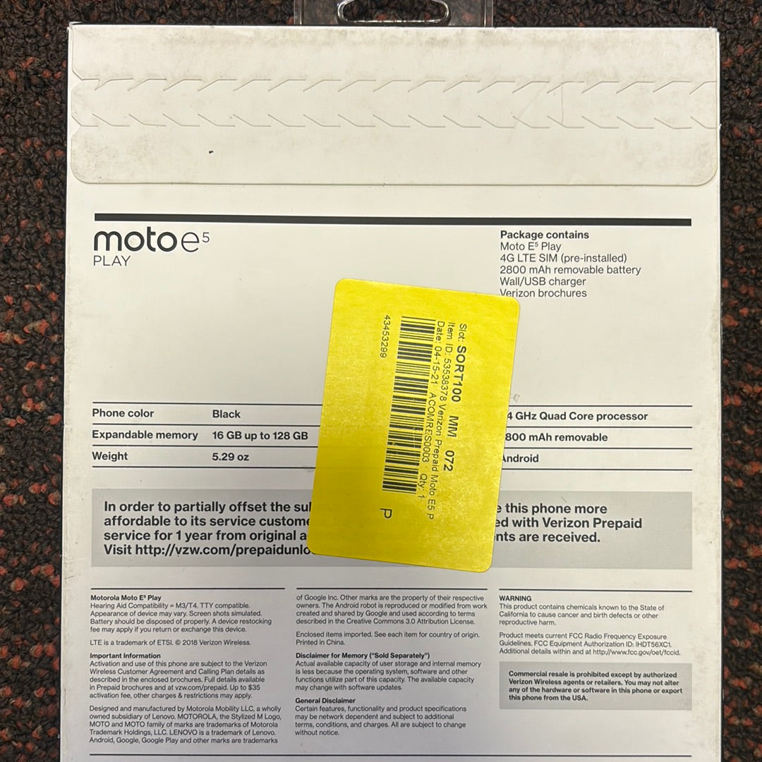 Verizon Moto E5 Play 16GB Prepaid Smartphone - Black