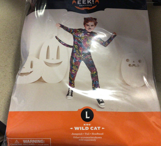 Kids Halloween costume- Wild Cat - Includes Jumpsuit, Tail, Headband - Size Large