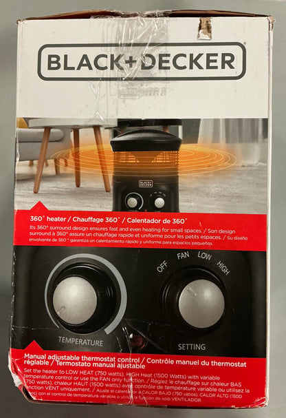 THRIFTY 70 - BLACK+DECKER 360-Degree Surround Heater and Fan Combo, For Desk Use, 2 Heat & Fan Only Settings, Adjustable Thermostat, BHDS156, Black - Open Box - USED (See Pictures)- FINAL SALE- NO RETURNS - AS IS