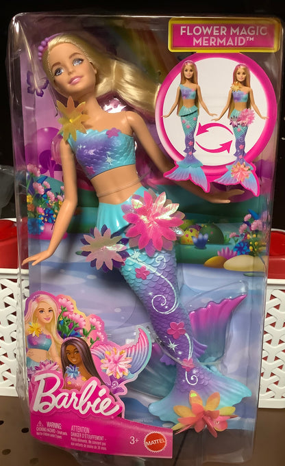 Barbie Flower Magic Mermaid Toy Doll with Surprise Blooming Flowers Feature, Long Blonde Hair with Pink Highlights