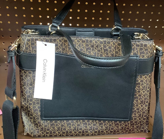 Calvin Klein Bianca signature adjustable crossbody in brown khaki and black faux leather