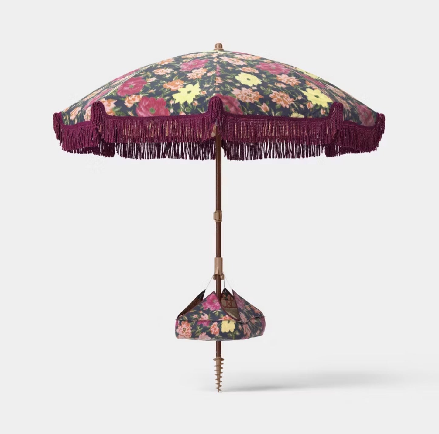 6' Round Floral Beach Umbrella with Fringe - Burgundy FOR PICKUP ONLY