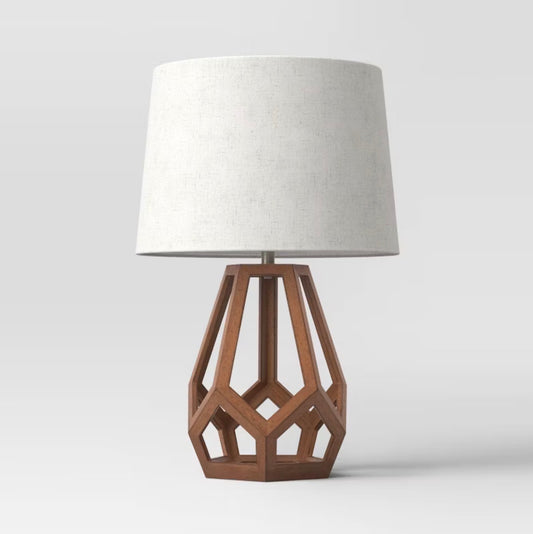 Large Wood Geo Assembled Table Lamp - Brown - Threshold™: No Assembly, UL Listed, Cotton Shade - OUT OF BOX - MINOR COSMETIC DAMAGE FROM SHIPPING (see pictures) - FOR PICKUP ONLY