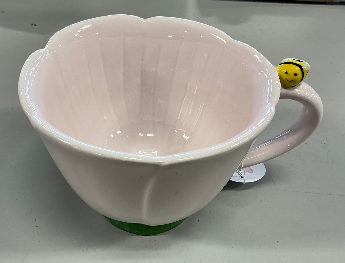 Sunday Morning Ceramics - Hand Painted 18oz Flower Tea Cup with Small Bee - Blush Pink