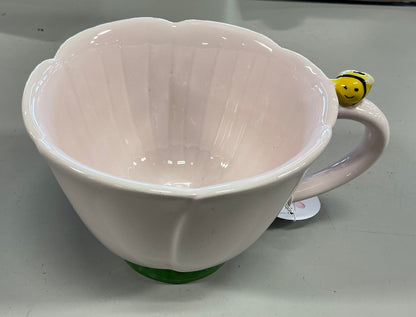 Sunday Morning Ceramics - Hand Painted 18oz Flower Tea Cup with Small Bee - Blush Pink